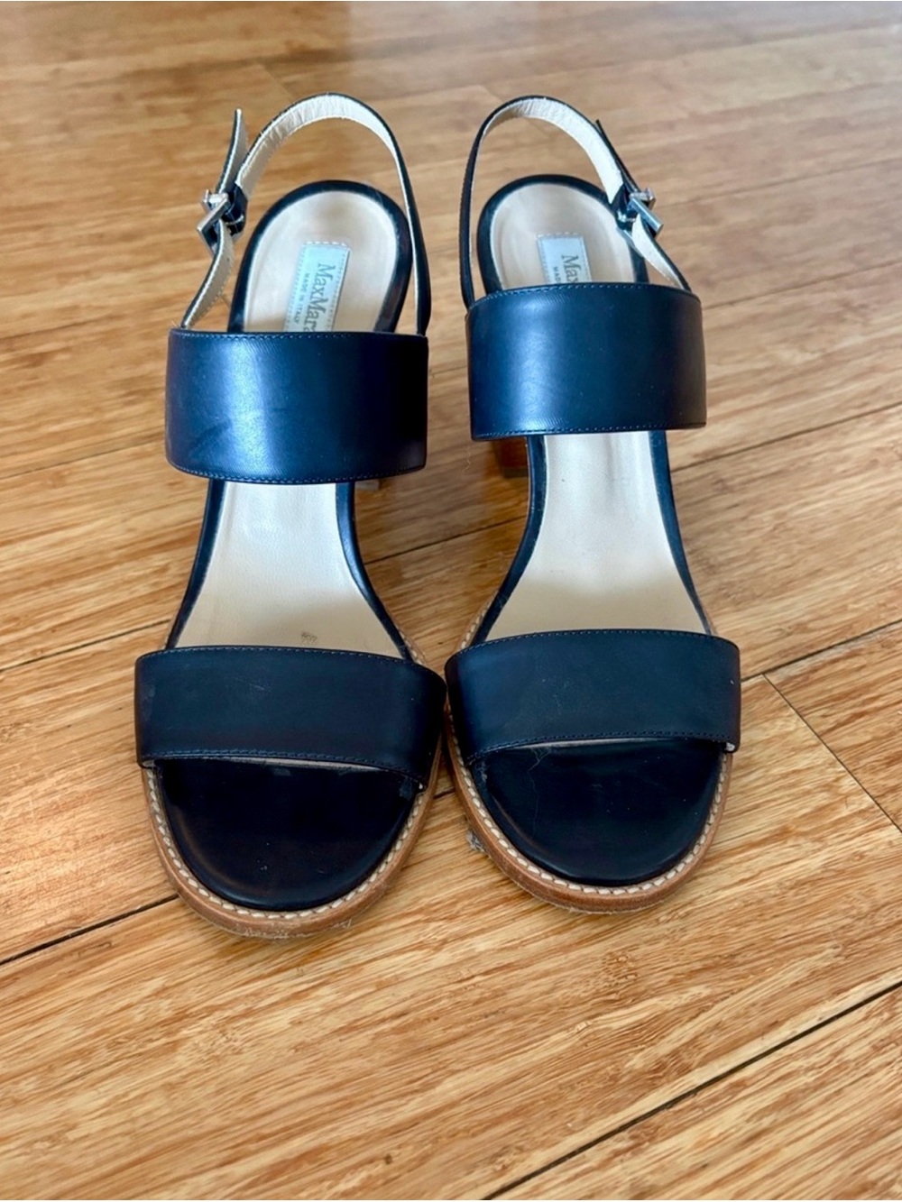 Max Mara Black Leather Two-Strap Slingback Sandals